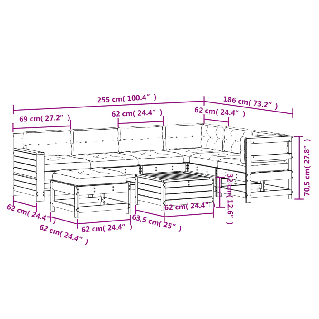 vidaXL 8-tlg. Garten-Lounge-Set mit Kissen Massivholz Kiefer