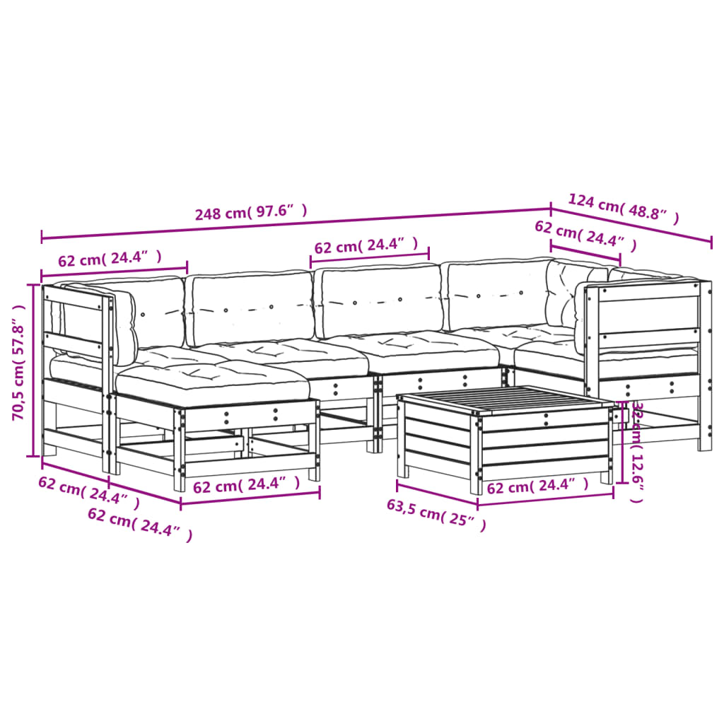 vidaXL 7-tlg. Garten-Lounge-Set mit Kissen Massivholz Kiefer
