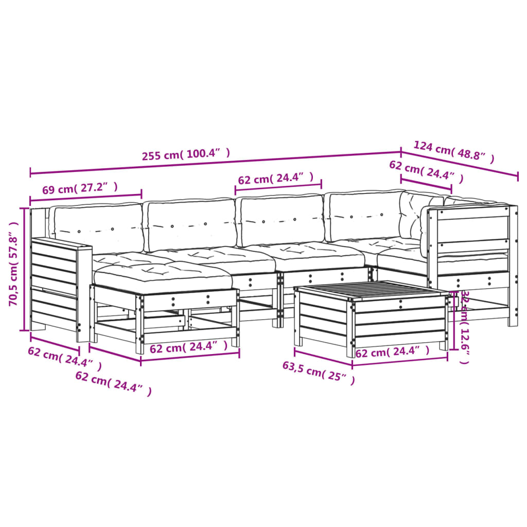 vidaXL 7-tlg. Garten-Lounge-Set mit Kissen Massivholz Kiefer