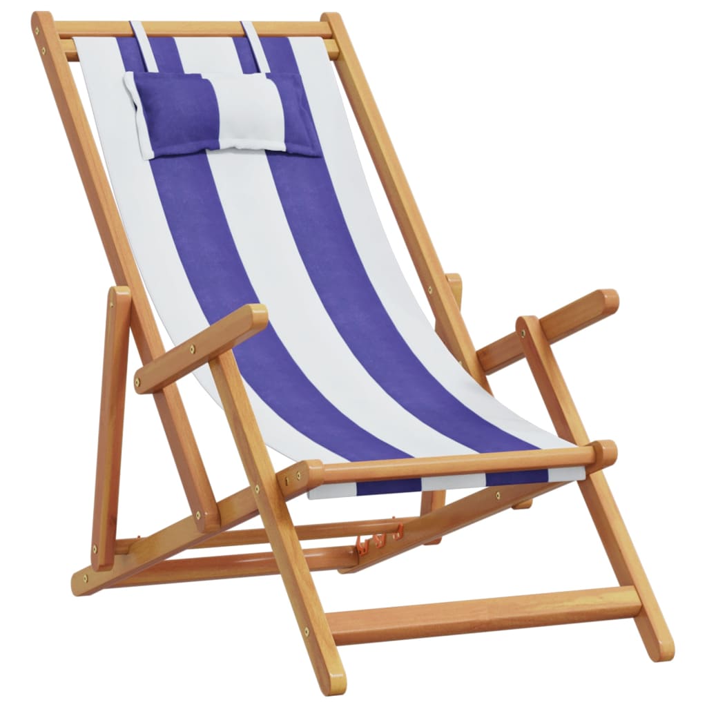 vidaXL Strandstühle 2 Stk. Klappbar Blau Weiß Stoff und Massivholz