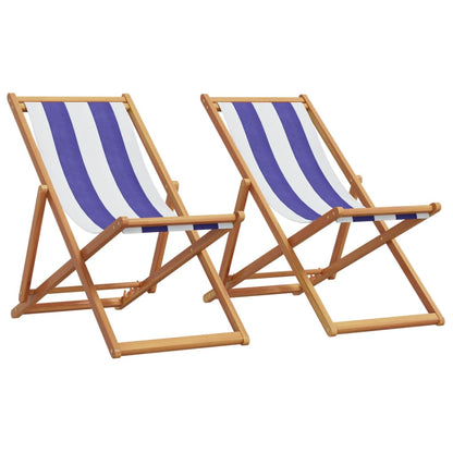 vidaXL Chaises de plage 2 pcs Pliables Bleu et blanc Tissu et bois massif