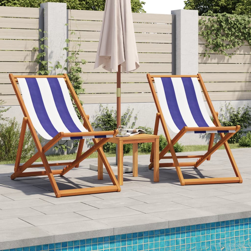 vidaXL Chaises de plage 2 pcs Pliables Bleu et blanc Tissu et bois massif