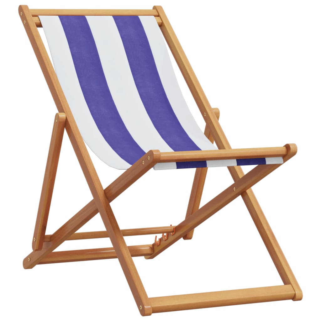 vidaXL Chaises de plage 2 pcs Pliables Bleu et blanc Tissu et bois massif