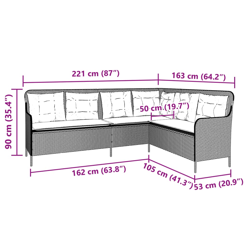 vidaXL Gartensofa in L-Form mit Kissen Beige Poly Rattan