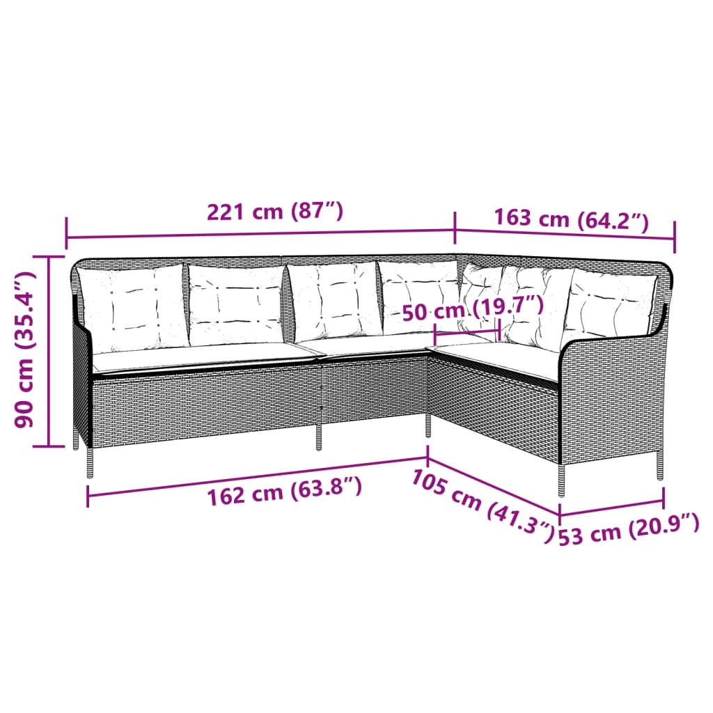vidaXL Gartensofa in L-Form mit Kissen Hellgrau Poly Rattan