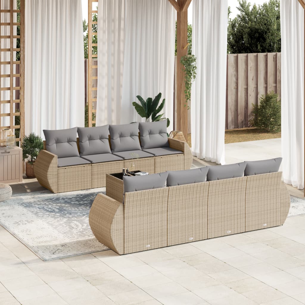 vidaXL Salon de jardin 9 pcs avec coussins Résine tressée Beige