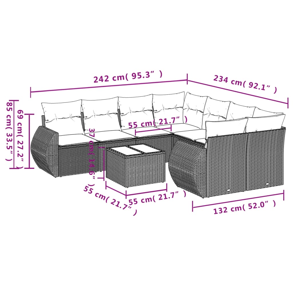 vidaXL 9-tlg. Garten-Sofagarnitur mit Kissen Beige Poly Rattan
