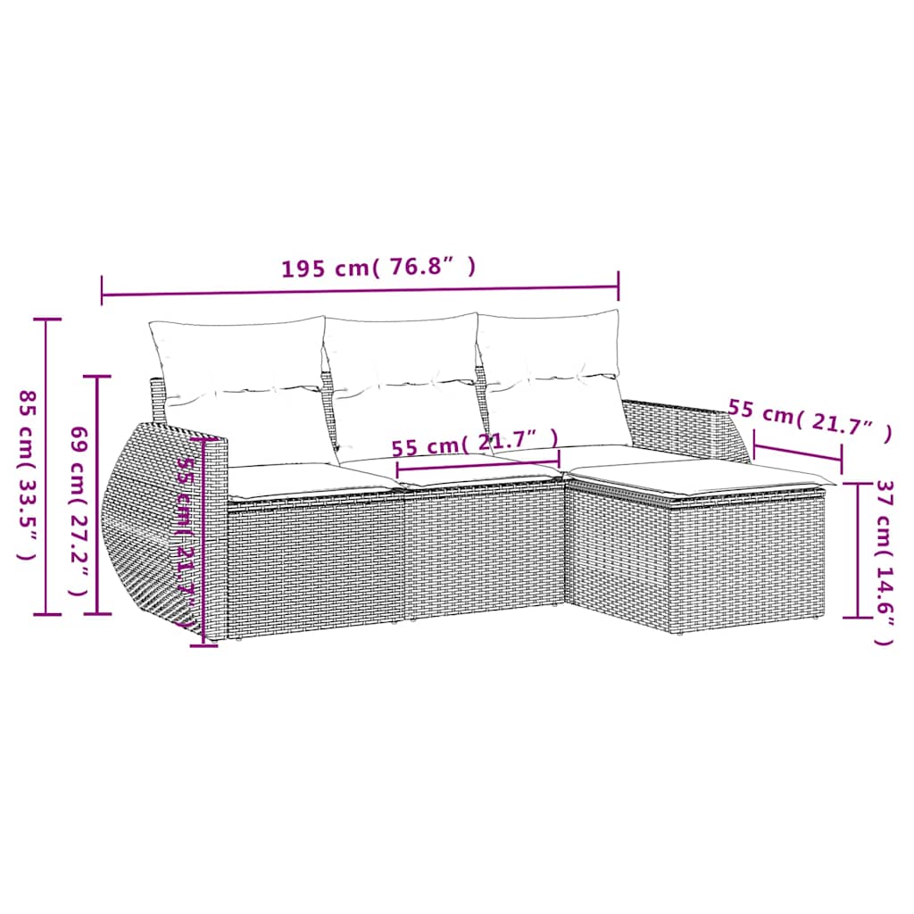 vidaXL 4-tlg. Garten-Sofagarnitur mit Kissen Hellgrau Poly Rattan