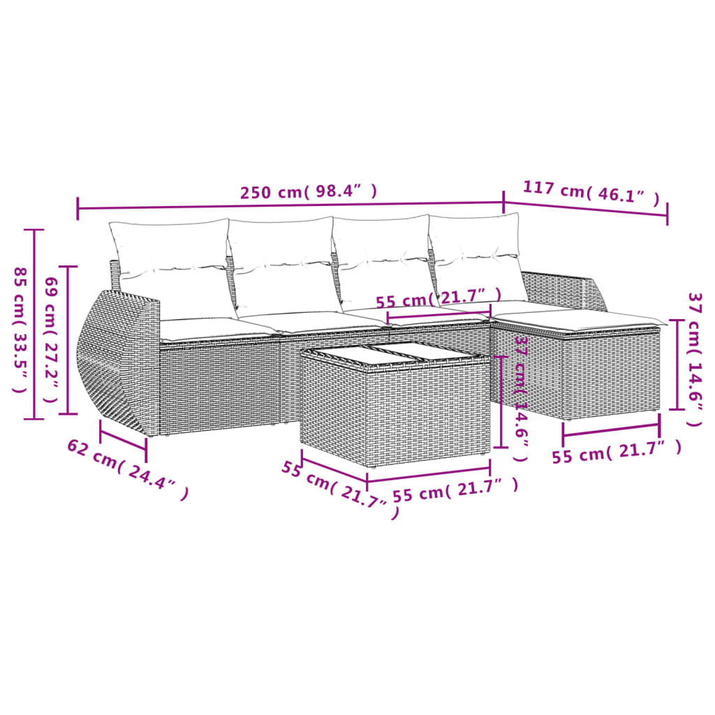vidaXL 6-tlg. Garten-Sofagarnitur mit Kissen Beige Poly Rattan