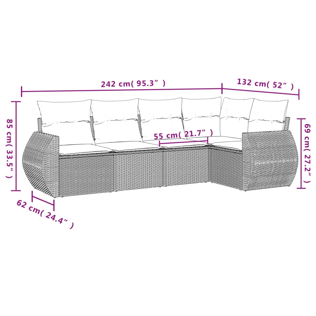 vidaXL Ensemble de canapés de jardin 5 pcs avec coussins, résine tressée noire