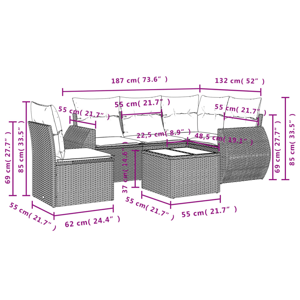 vidaXL 6-tlg. Garten-Sofagarnitur mit Kissen Beige Poly Rattan