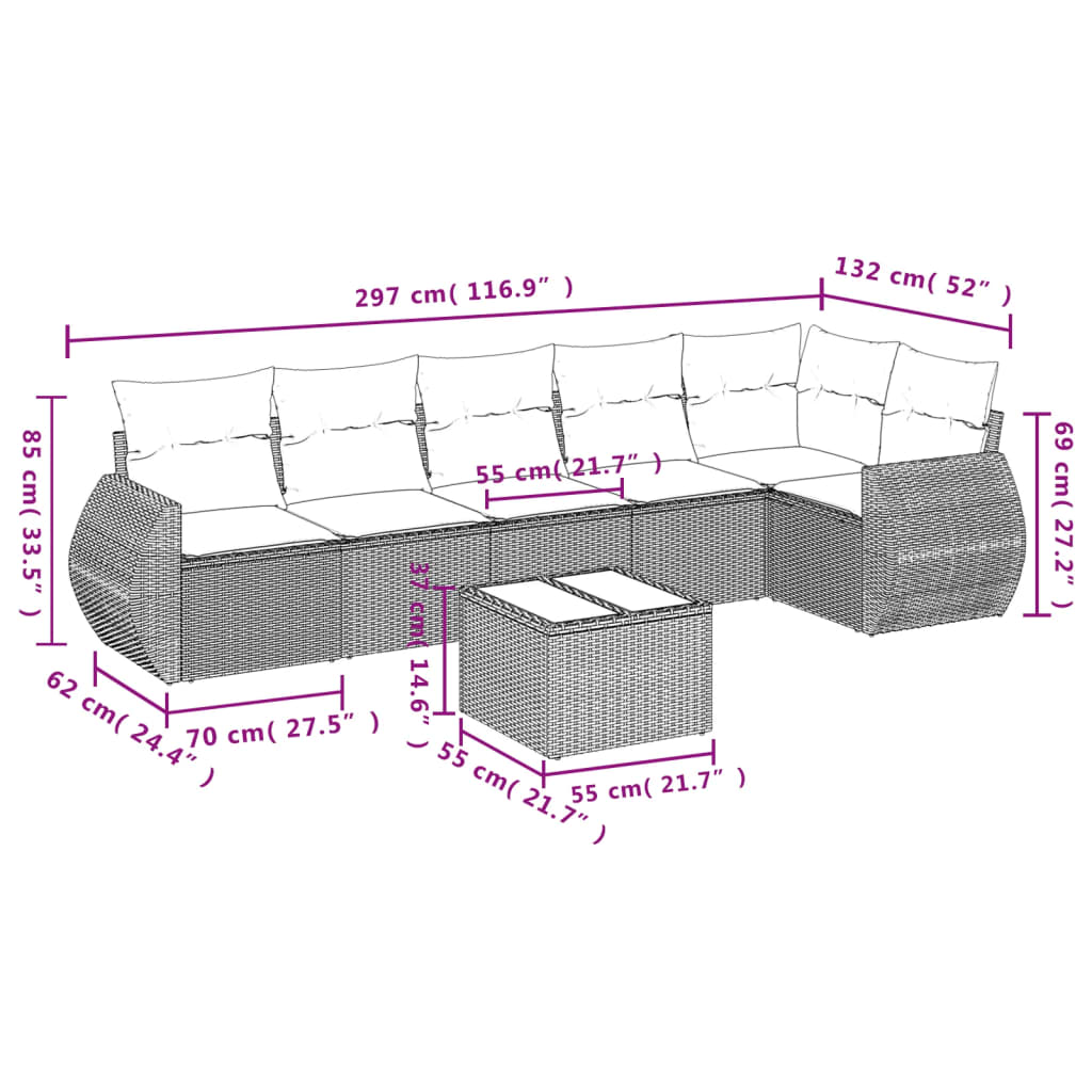 vidaXL 7-tlg. Garten-Sofagarnitur mit Kissen Grau Poly Rattan