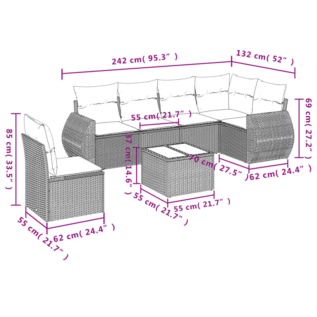vidaXL 7-tlg. Garten-Sofagarnitur mit Kissen Beige Poly Rattan