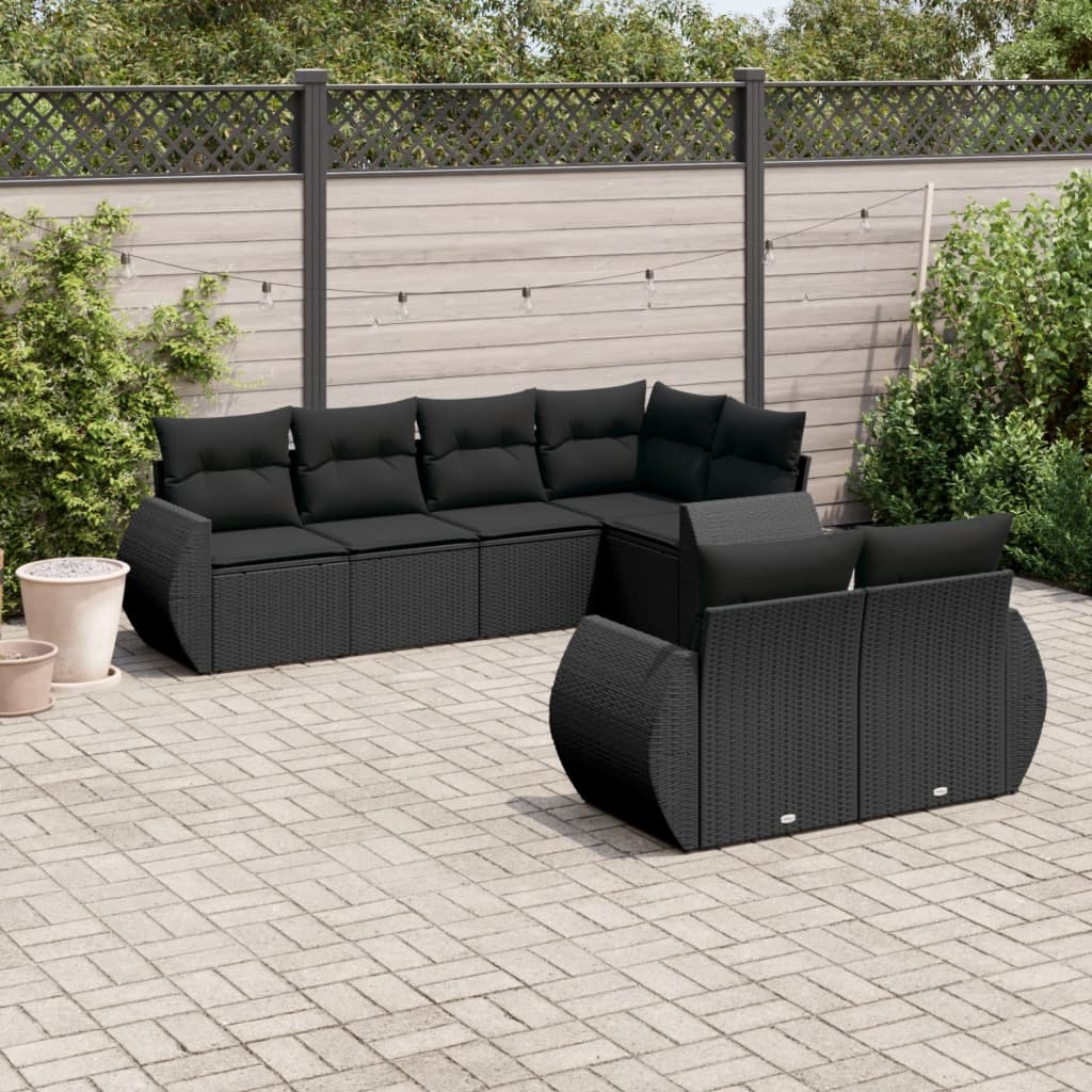 vidaXL Salon de jardin 7 pcs avec coussins Noir Résine tressée