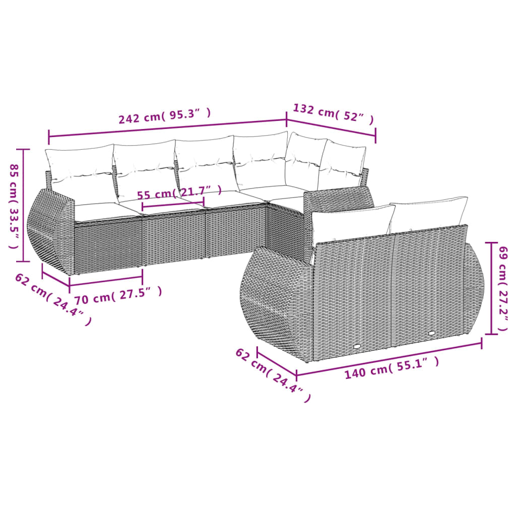 vidaXL Salon de jardin 7 pièces avec coussins en résine tressée beige