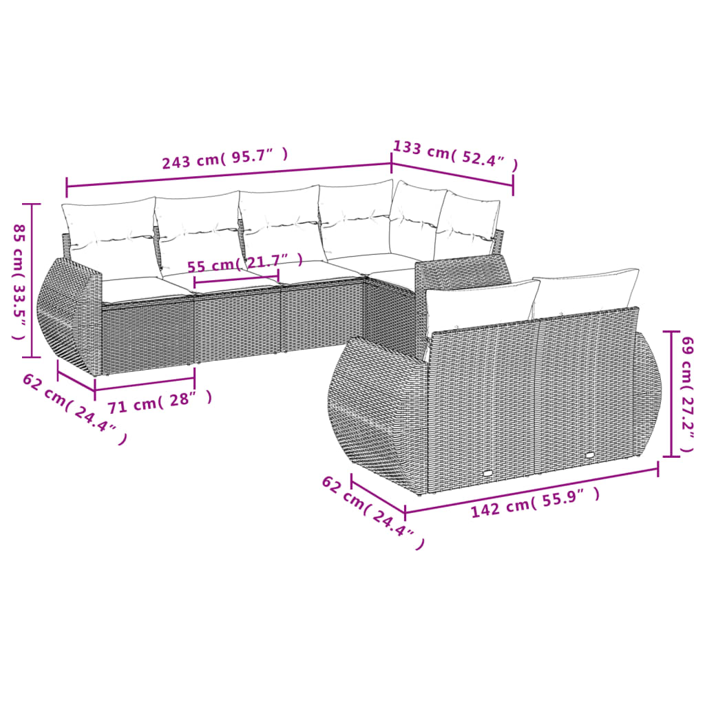vidaXL 7-tlg. Garten-Sofagarnitur mit Kissen Braun Poly Rattan