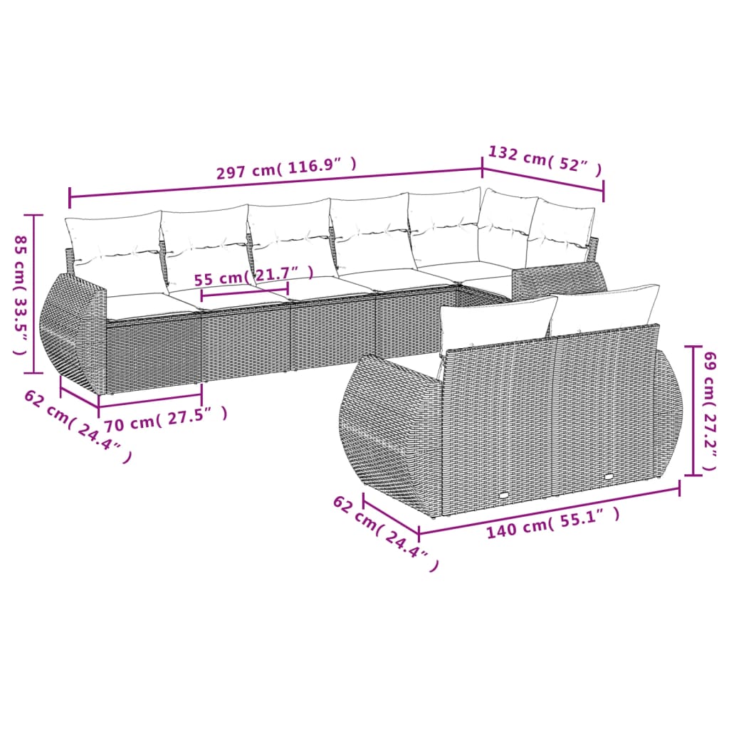 vidaXL 8-tlg. Garten-Sofagarnitur mit Kissen Schwarz Poly Rattan
