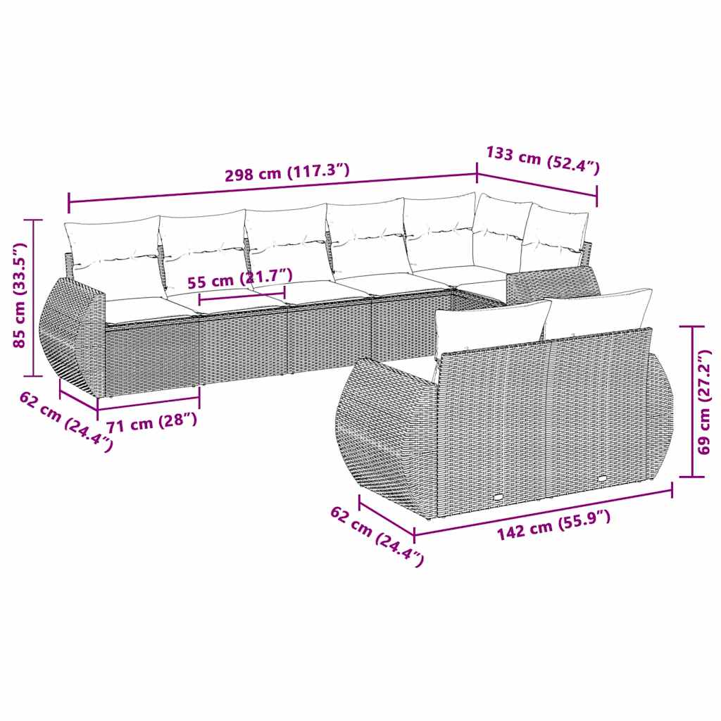 vidaXL Salon de jardin 8 pcs avec coussins Gris clair résine tressée
