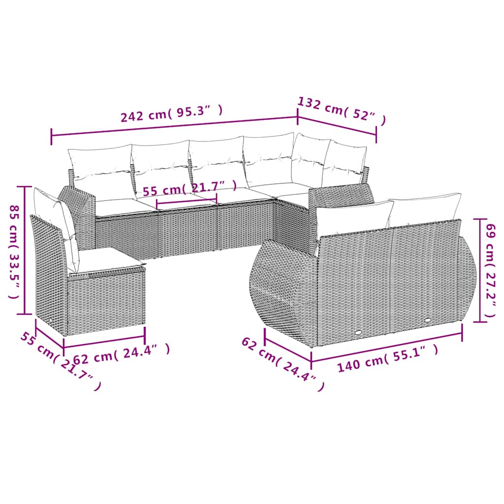 vidaXL 8-tlg. Garten-Sofagarnitur mit Kissen Hellgrau Poly Rattan