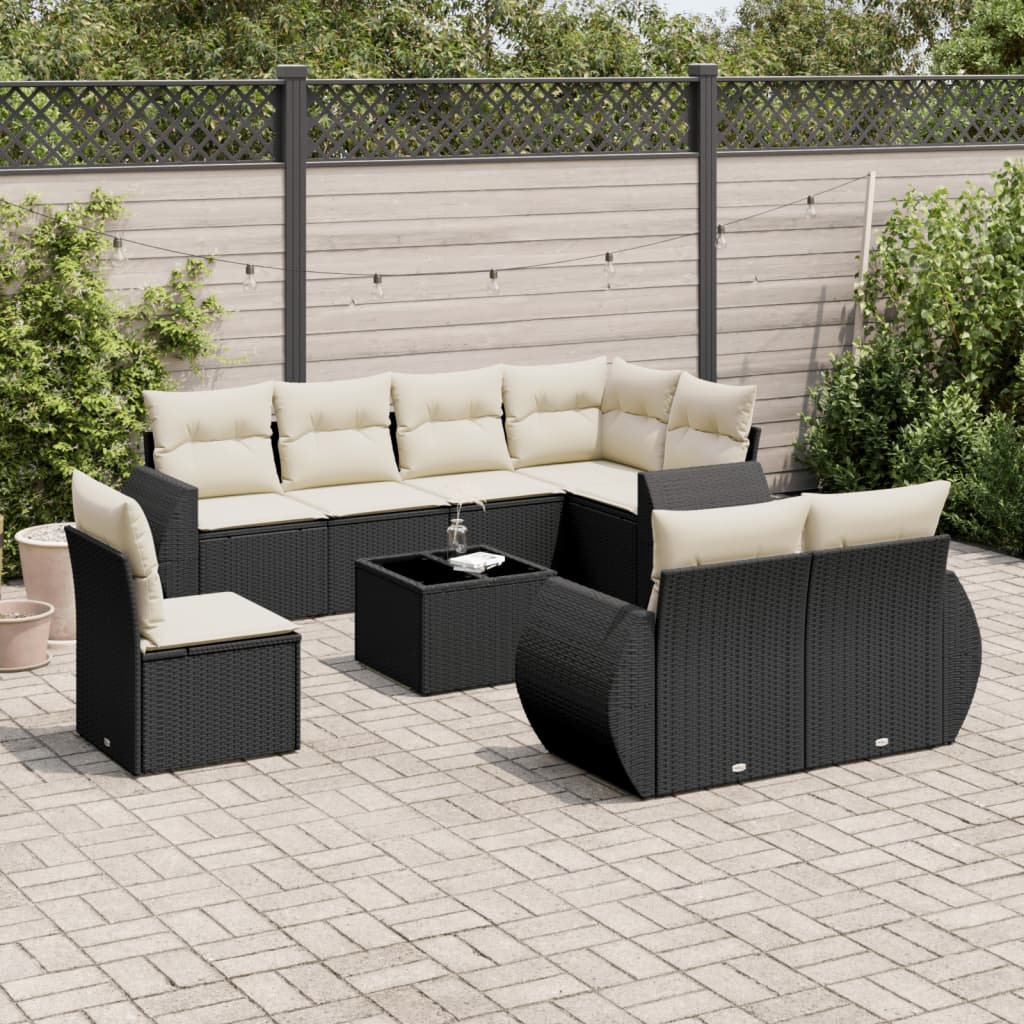 vidaXL Salon de jardin 9 pcs avec coussins Noir Résine tressée