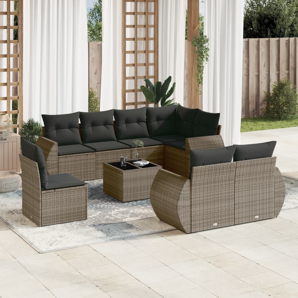 vidaXL Salon de jardin 9 pcs avec coussins Résine tressée Gris