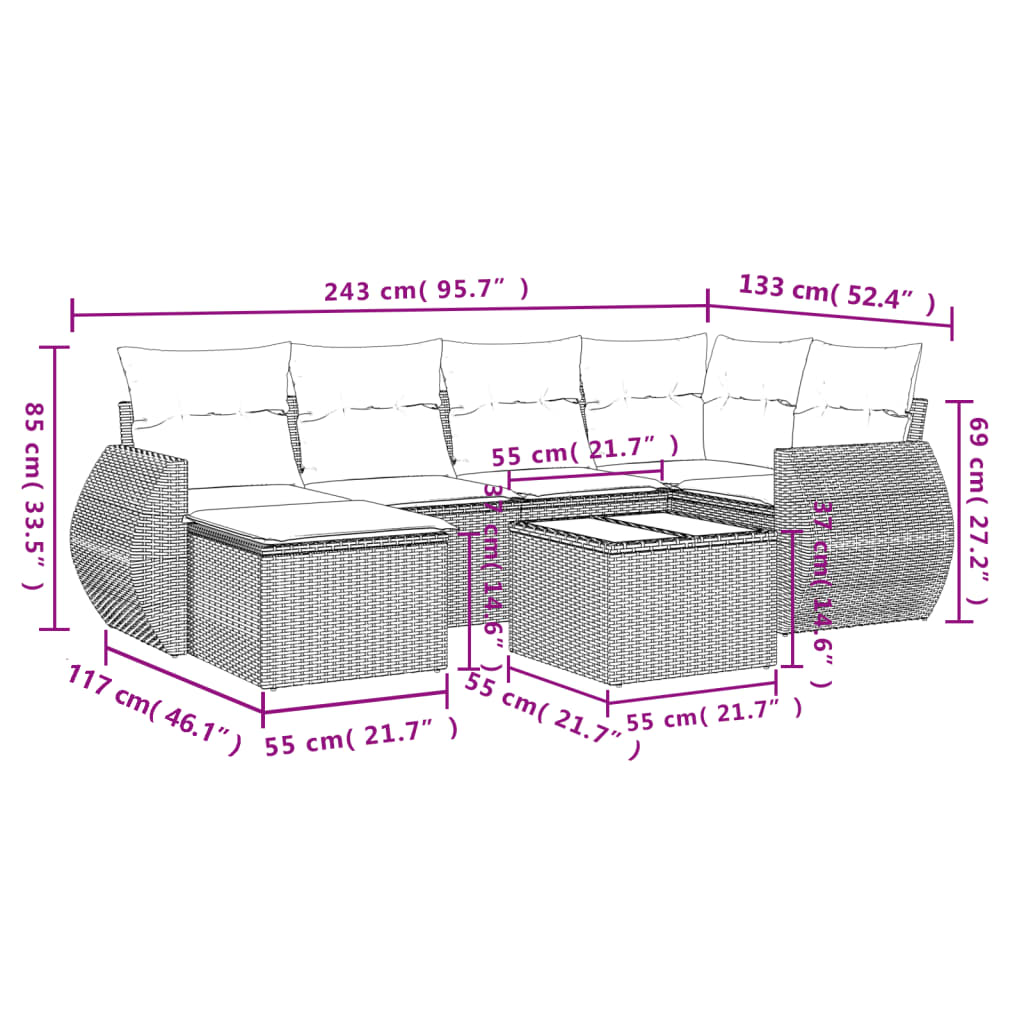 vidaXL Salon de jardin 7 pièces avec coussins en résine tressée beige
