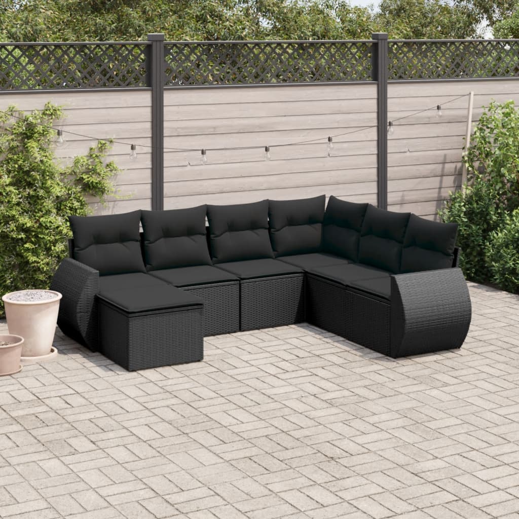 vidaXL Salon de jardin 7 pcs avec coussins Noir Résine tressée