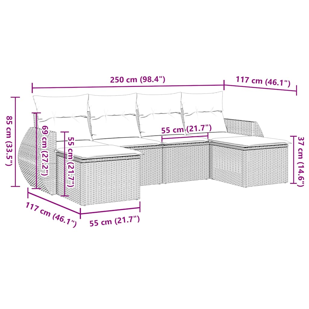 vidaXL 6-tlg. Garten-Sofagarnitur mit Kissen Hellgrau Poly Rattan