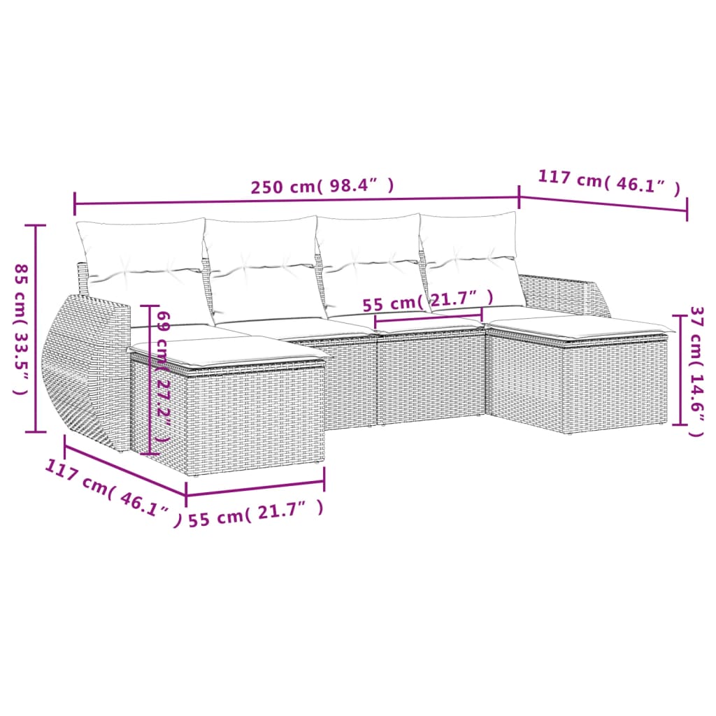 vidaXL 6-tlg. Garten-Sofagarnitur mit Kissen Braun Poly Rattan