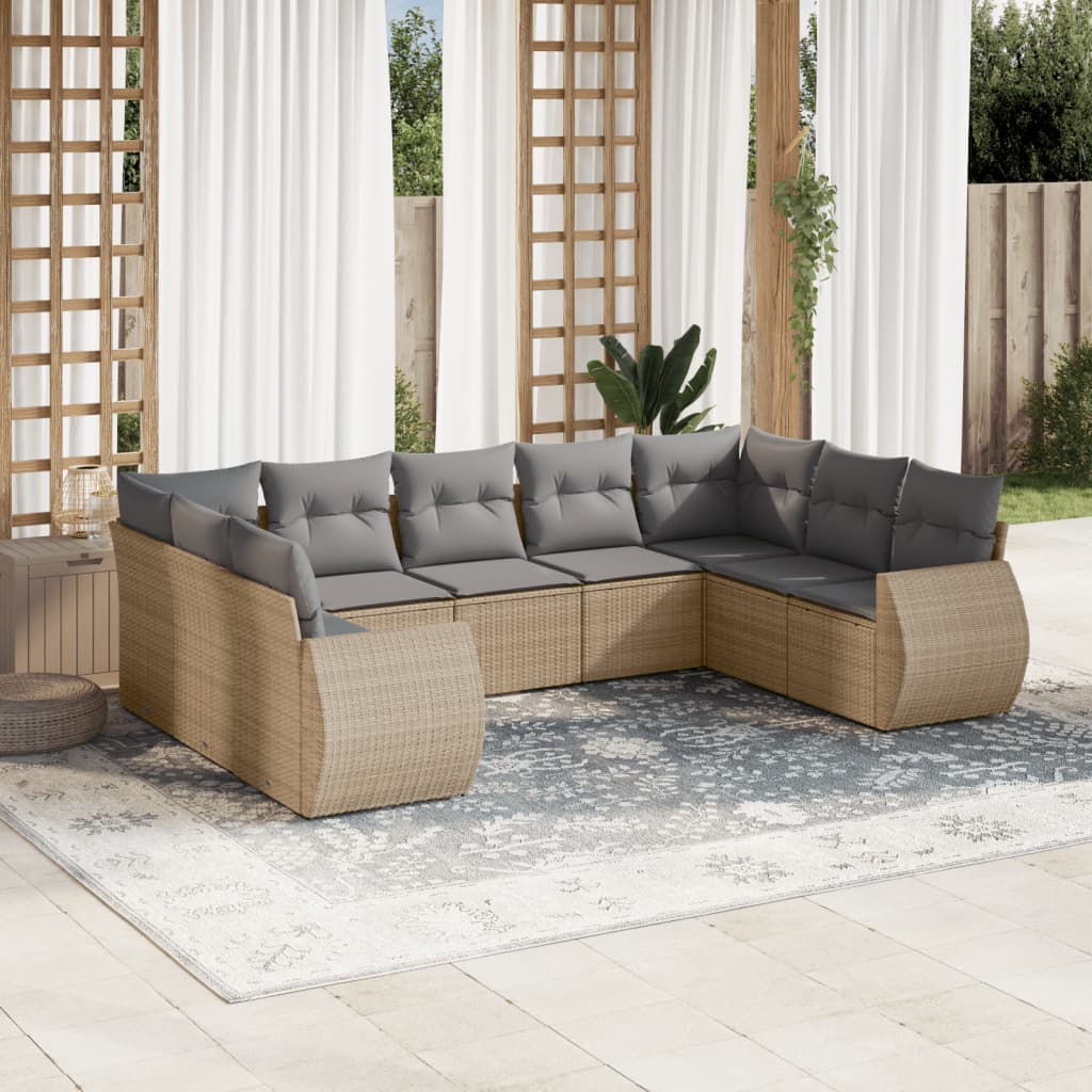 vidaXL Salon de jardin 9 pcs avec coussins Résine tressée Beige