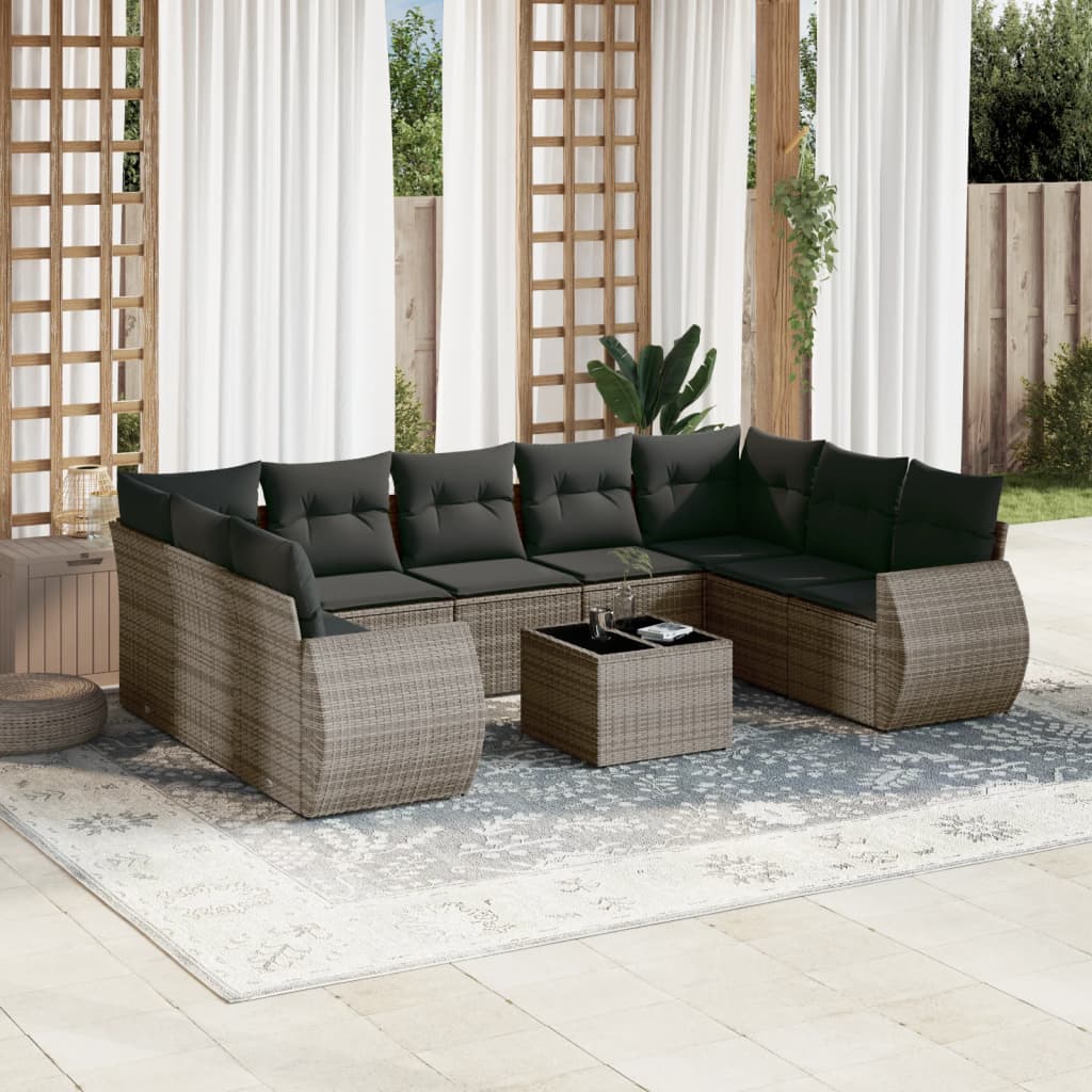 vidaXL Salon de jardin 10 pcs avec coussins résine tressée gris