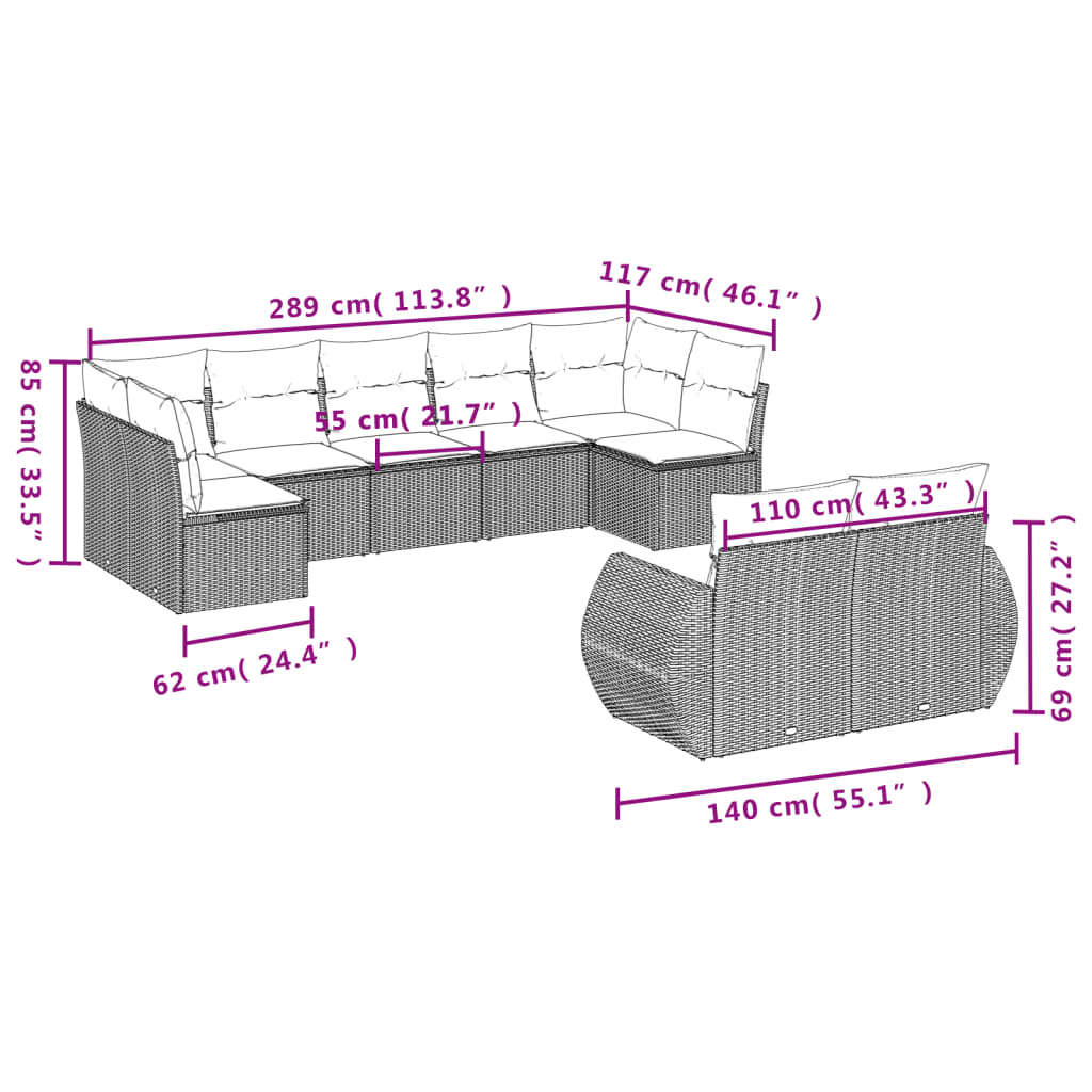vidaXL Salon de jardin 9 pcs avec coussins Noir Résine tressée