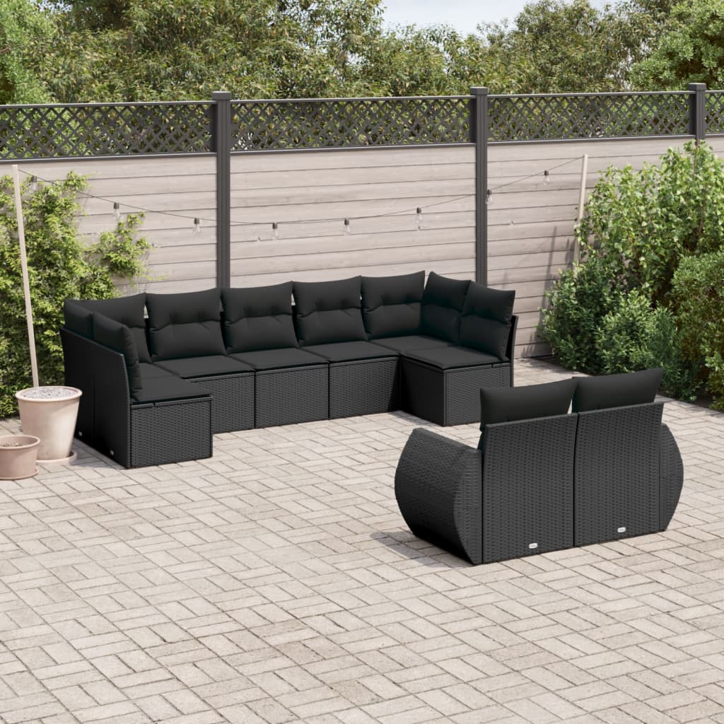 vidaXL Salon de jardin 9 pcs avec coussins Noir Résine tressée
