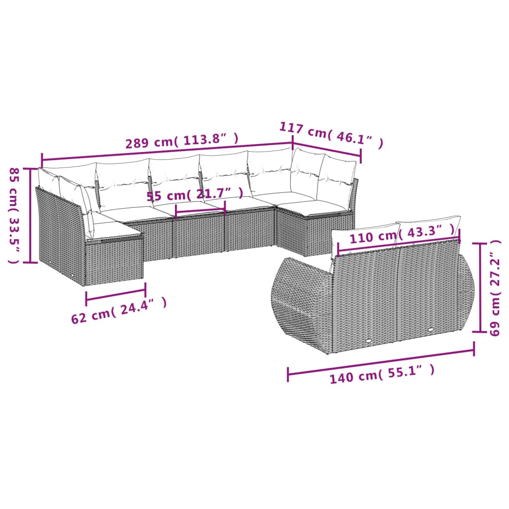 vidaXL 9-tlg. Garten-Sofagarnitur mit Kissen Braun Poly Rattan