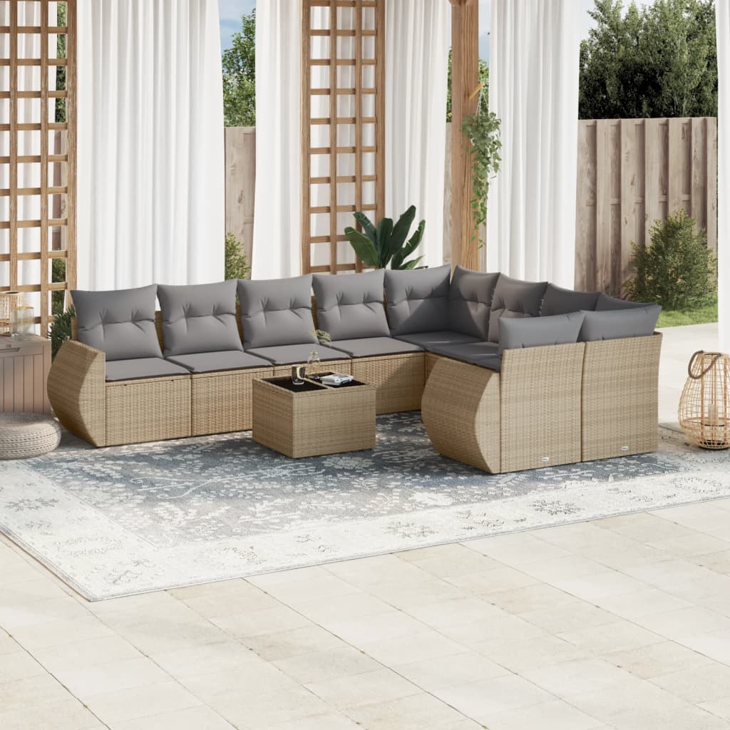 vidaXL Salon de jardin 10 pcs avec coussins beige résine tressée