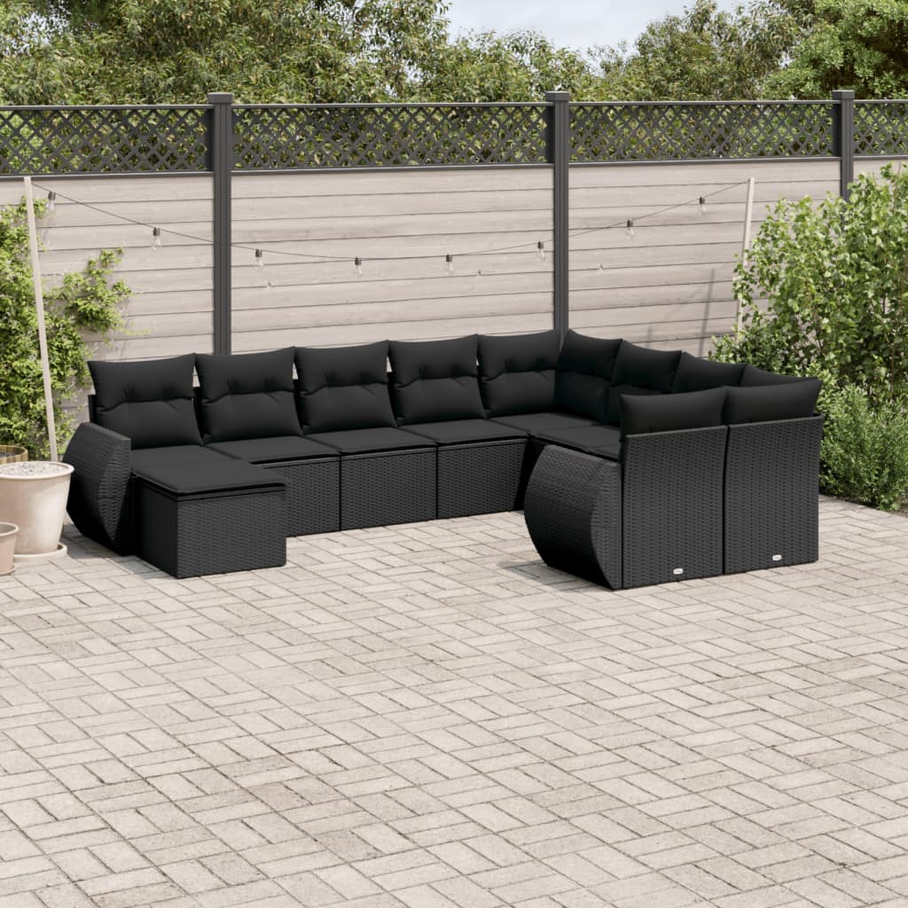 vidaXL Salon de jardin 10 pcs avec coussins Noir Résine tressée