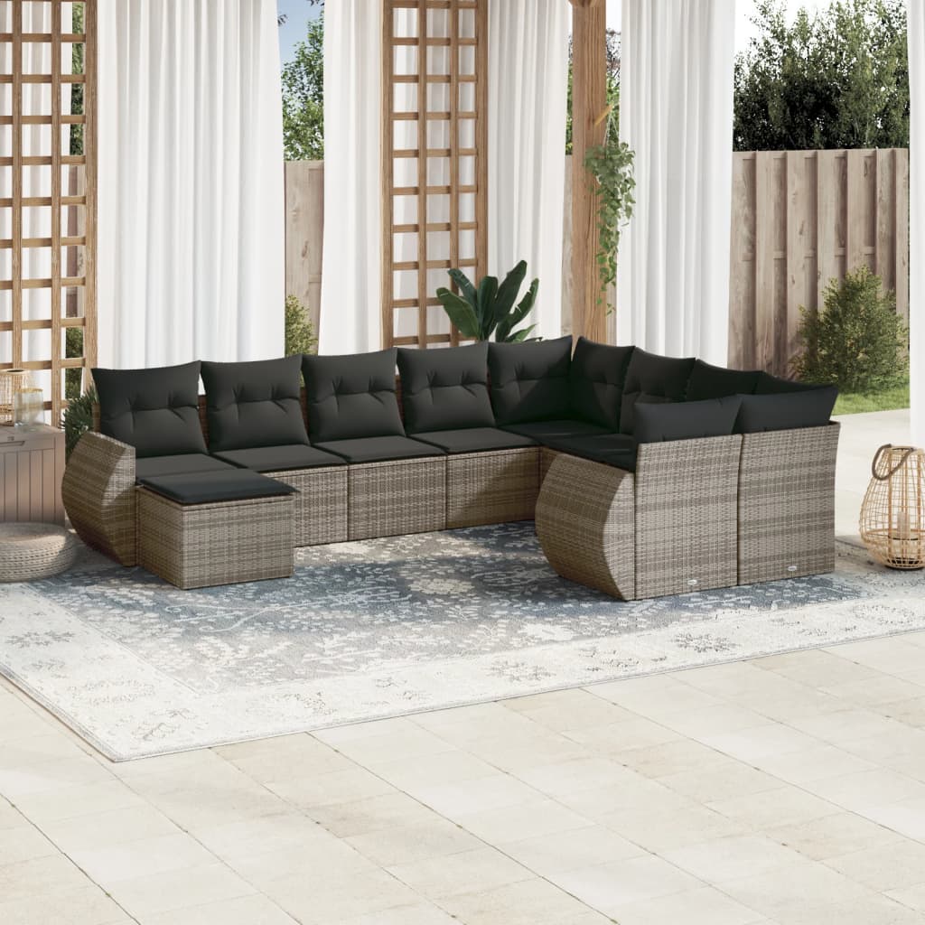 vidaXL Salon de jardin 10 pcs avec coussins résine tressée gris