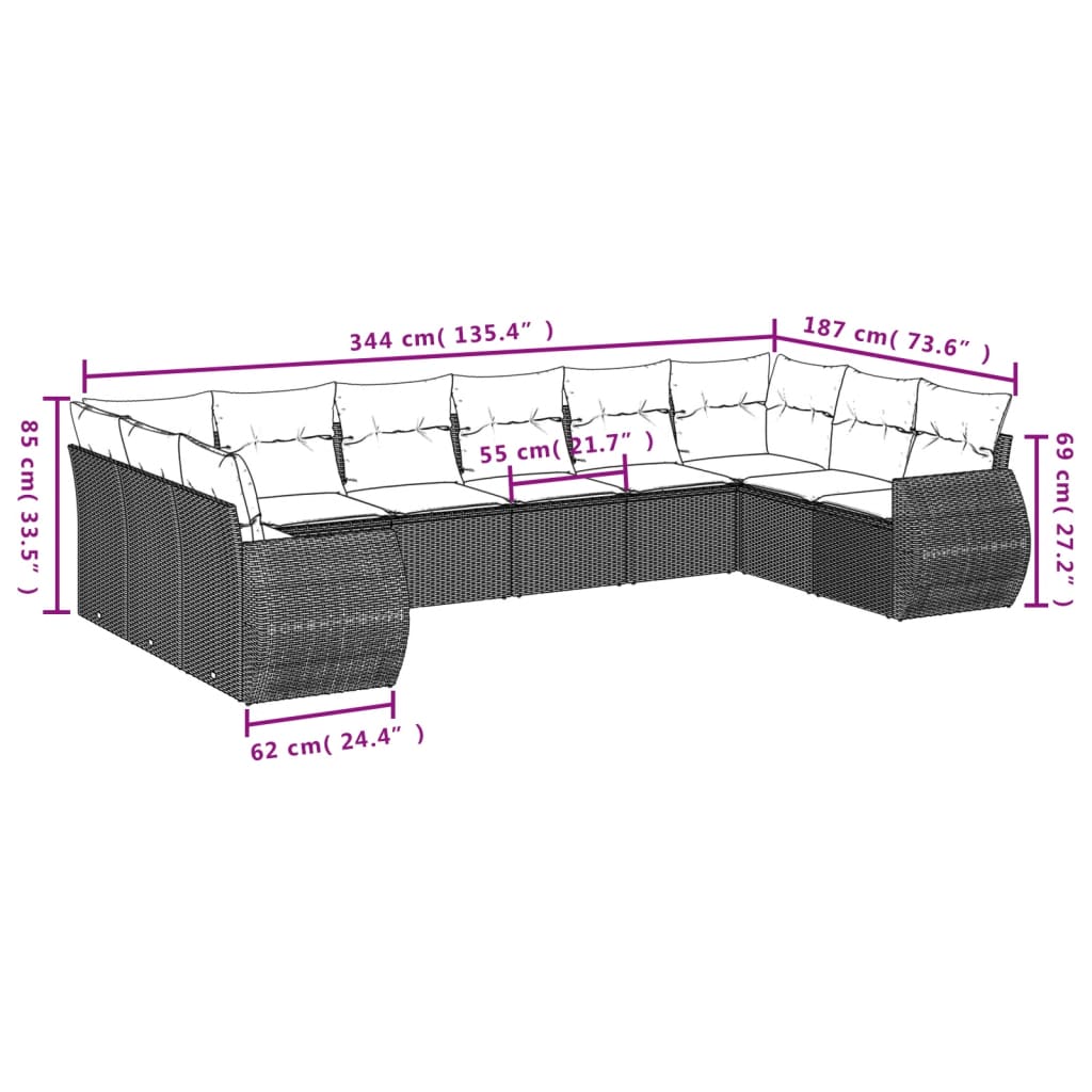 vidaXL 11-tlg. Garten-Sofagarnitur mit Kissen Braun Poly Rattan