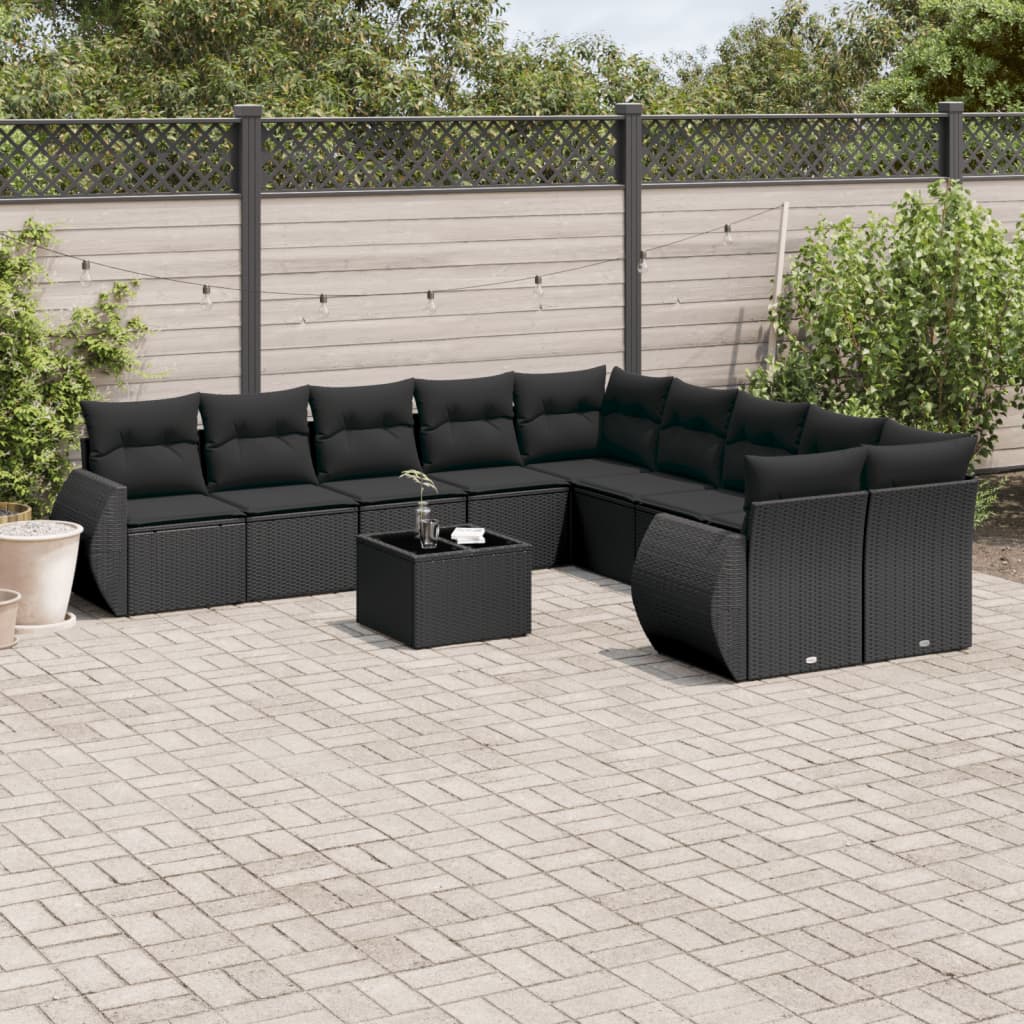 vidaXL Salon de jardin 11 pcs avec coussins Noir Résine tressée
