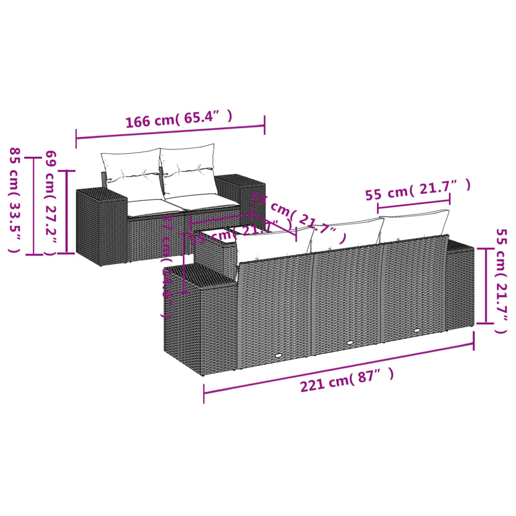 vidaXL 6-tlg. Garten-Sofagarnitur mit Kissen Braun Poly Rattan