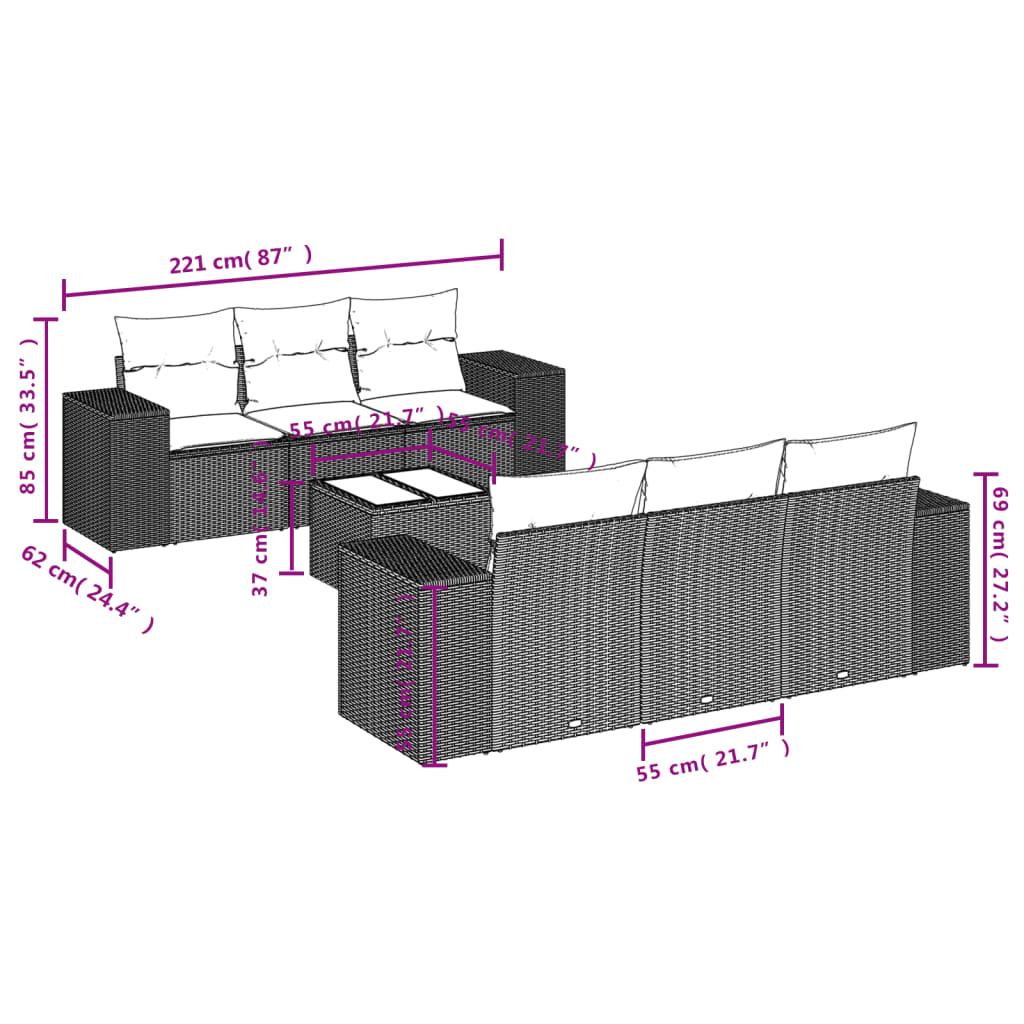 vidaXL Salon de jardin 7 pcs avec coussins Noir Résine tressée