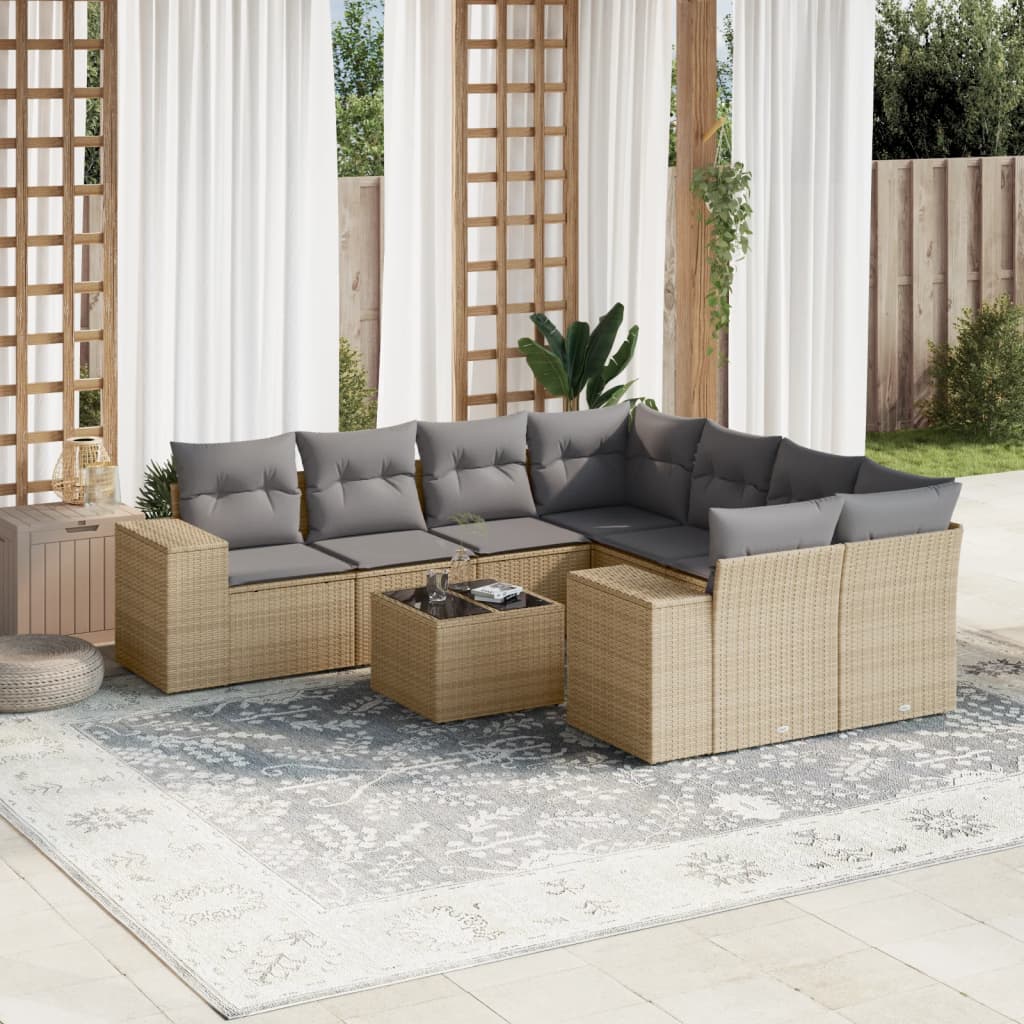 vidaXL Salon de jardin 9 pcs avec coussins Résine tressée Beige