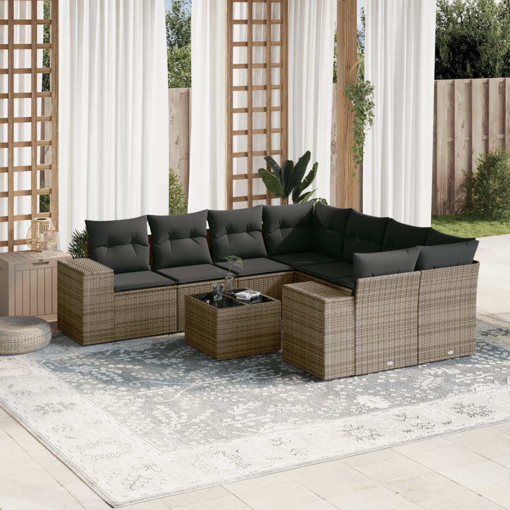 vidaXL Salon de jardin 9 pcs avec coussins Résine tressée Gris