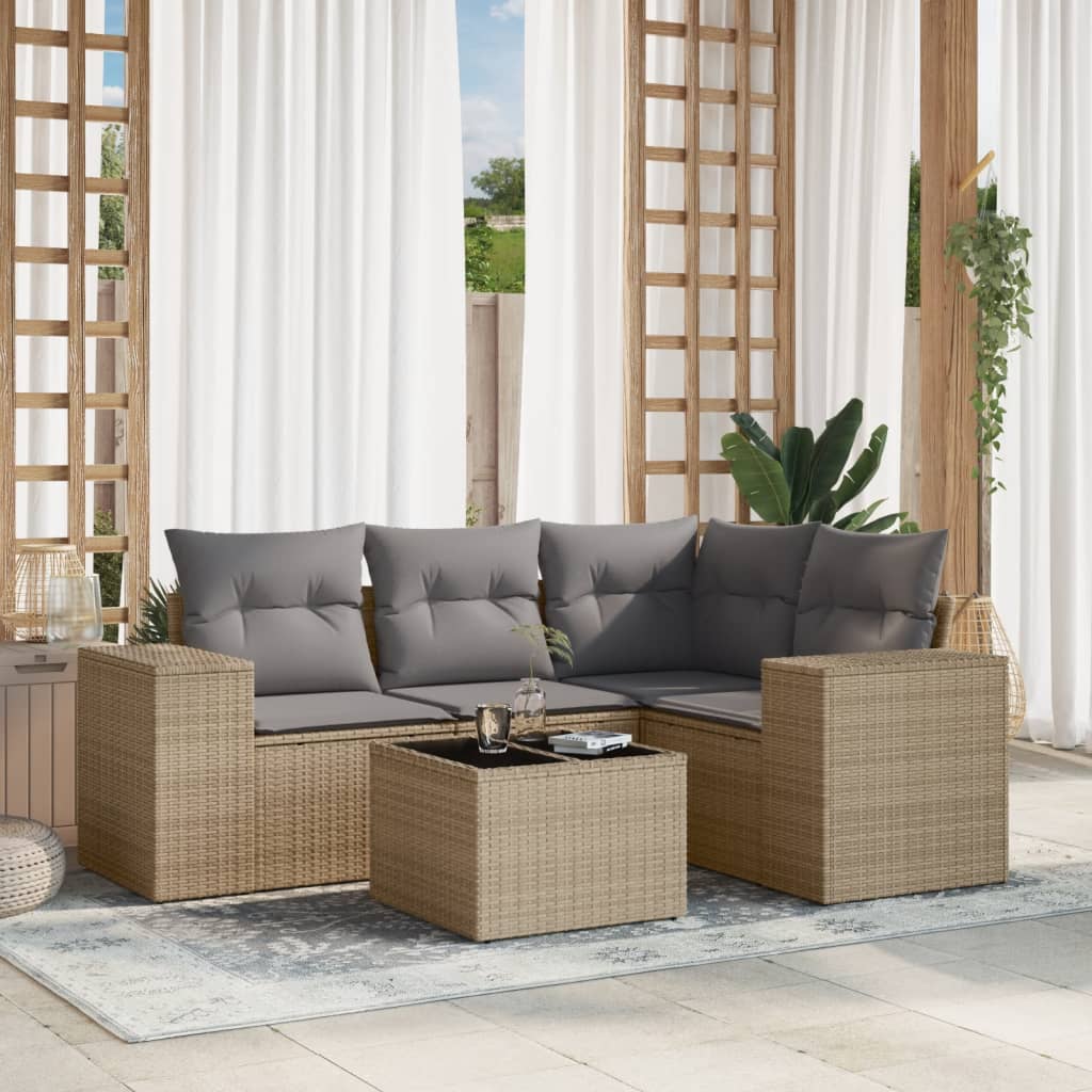 vidaXL Ensemble de canapés de jardin 5 pcs avec coussins Beige résine tressée