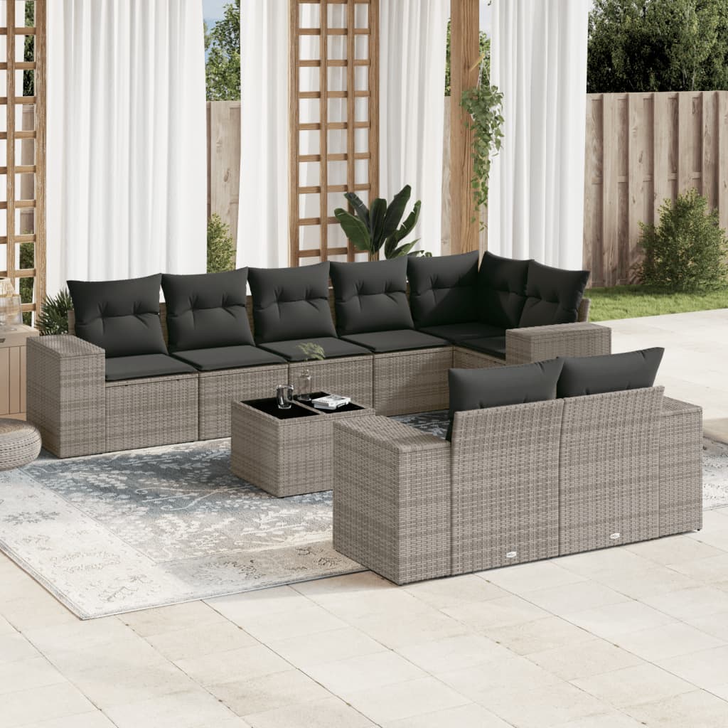 vidaXL Salon de jardin 9 pcs avec coussins Résine tressée Gris