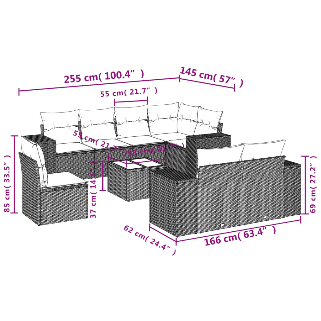vidaXL 9-tlg. Garten-Sofagarnitur mit Kissen Beige Poly Rattan
