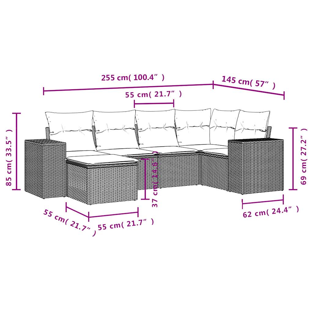 vidaXL 6-tlg. Garten-Sofagarnitur mit Kissen Beige Poly Rattan