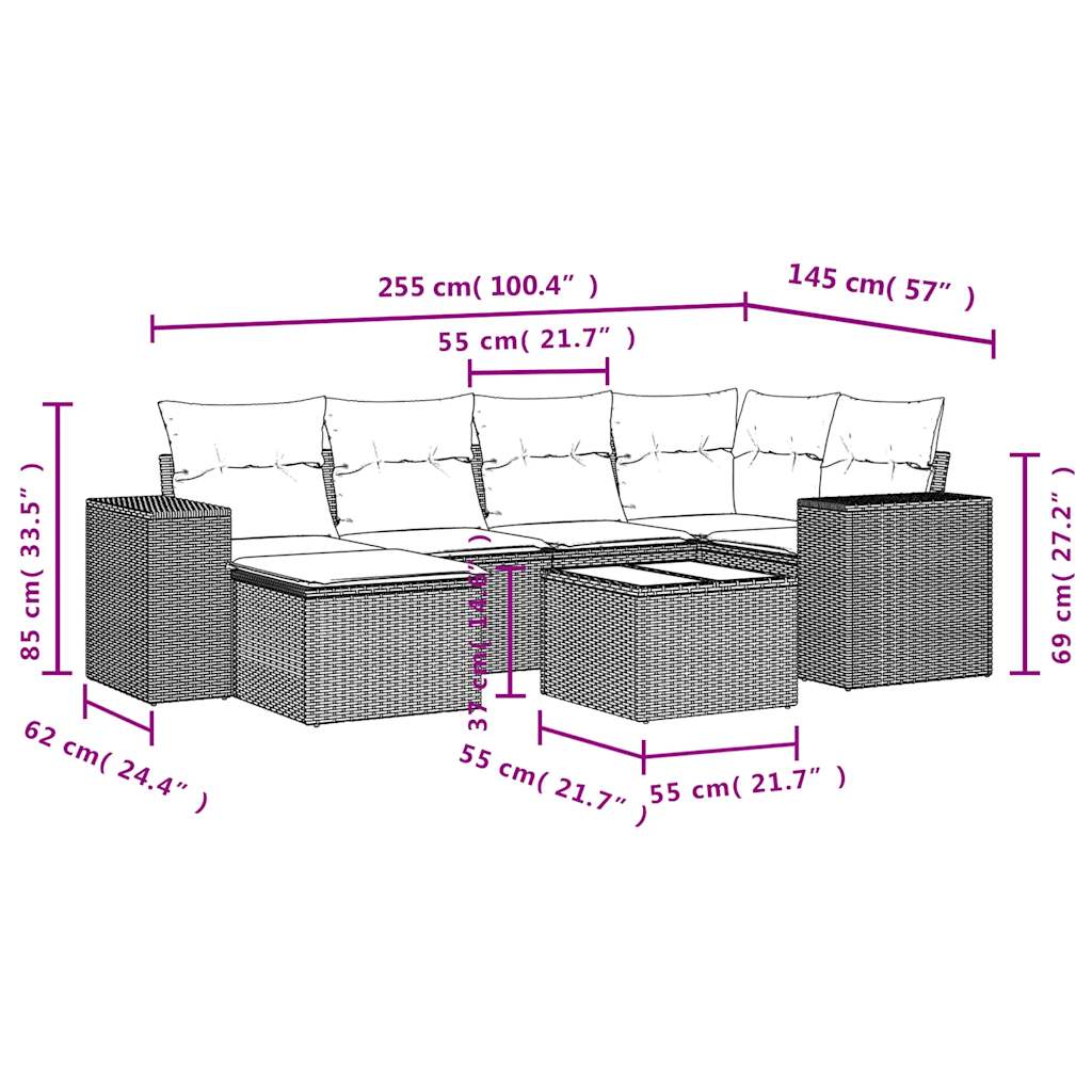 vidaXL 7-tlg. Garten-Sofagarnitur mit Kissen Grau Poly Rattan
