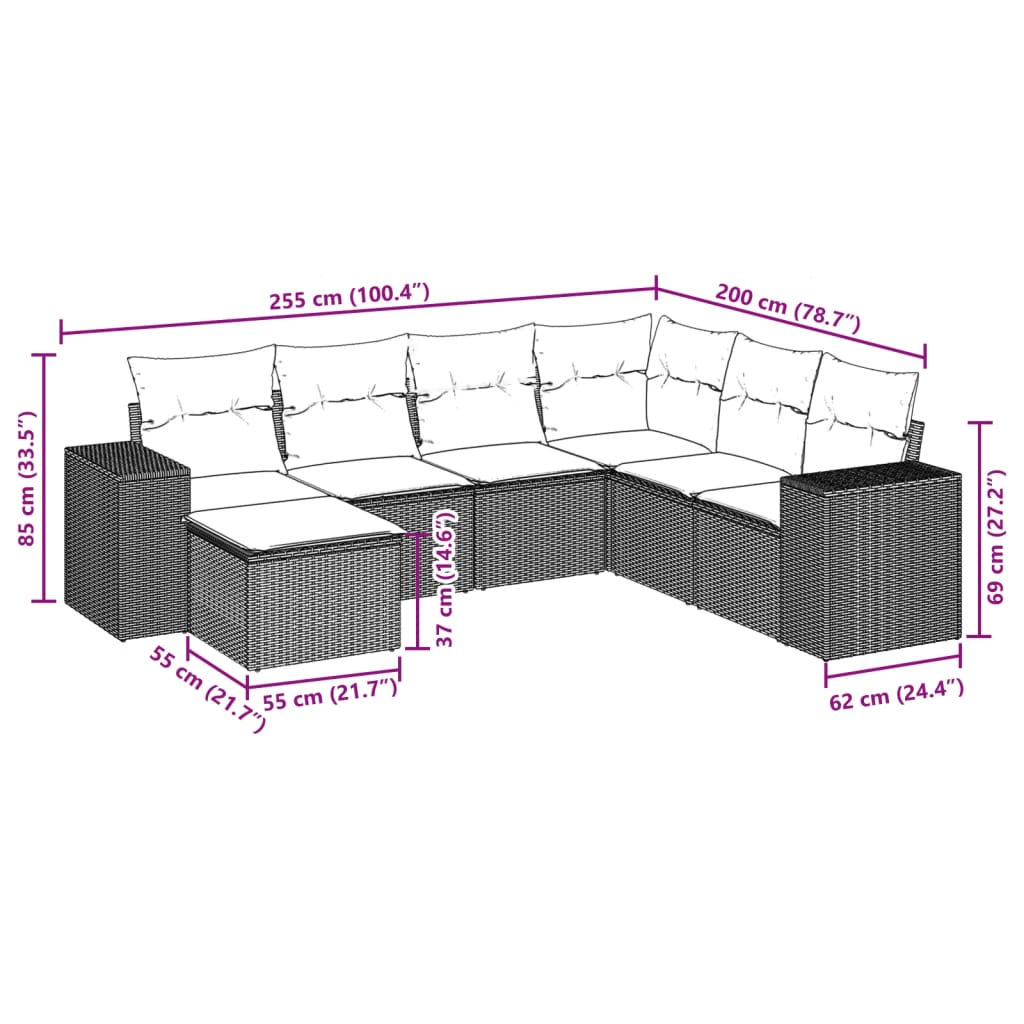 vidaXL 7-tlg. Garten-Sofagarnitur mit Kissen Schwarz Poly Rattan