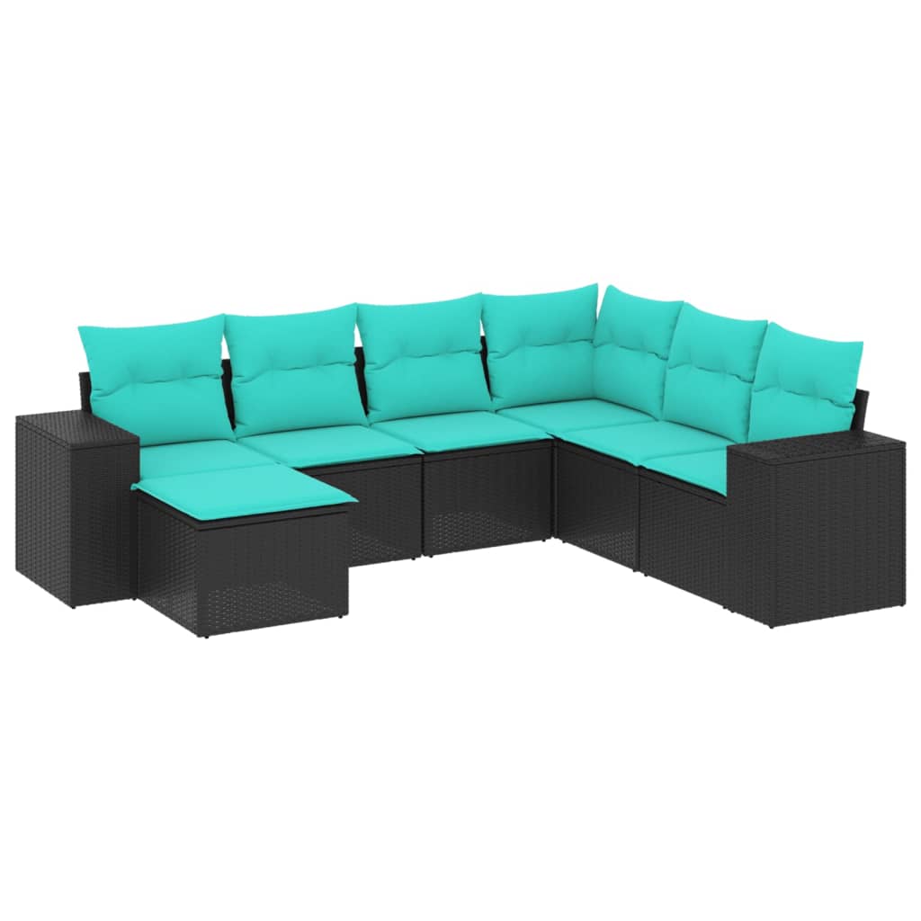 7-teiliges Gartensofa-Set mit Kissen, schwarzes Polyrattan
